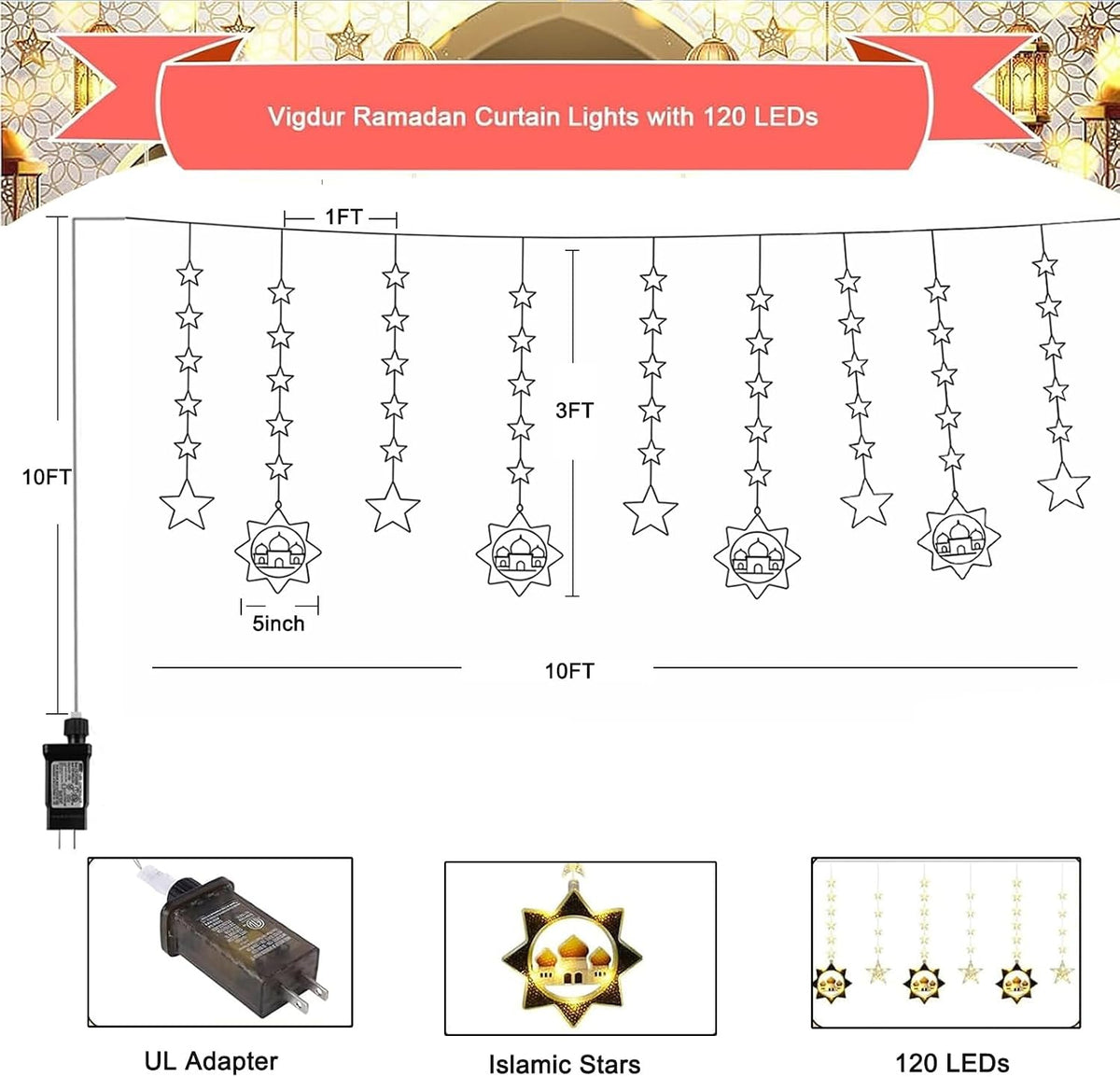 Vigdur Star Curtain Lights, 10FT 120 LEDs Ramadan Fairy Lights with Remote