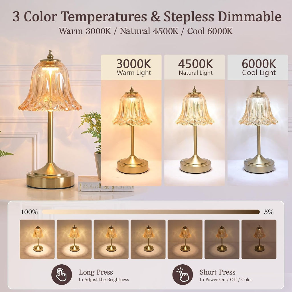 Cordless Table Lamp, Rechargeable Amber Glass Tulip Flower Touch Lamp