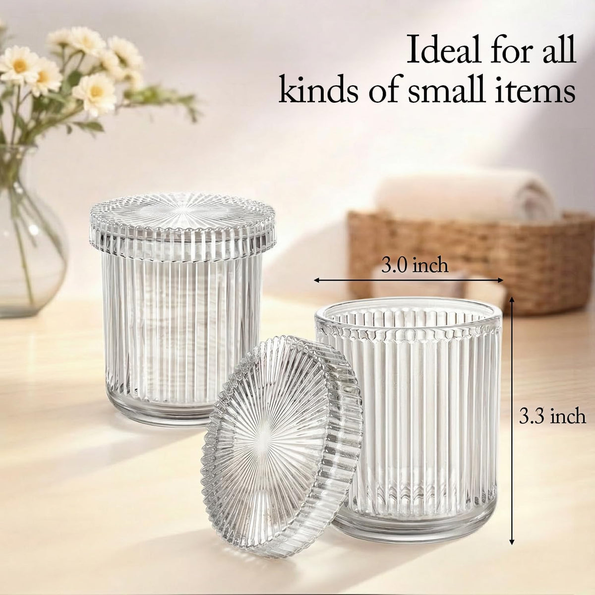 SheeChung 2 Pack Glass Qtip Holder Dispenser Set, Apothecary Jars with Lids
