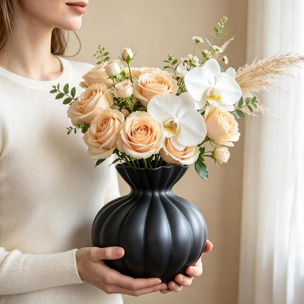 Ceramic Vase, Modern Boho Flower Vase for Home Decor, Unique Vase for Farmhouse Living Room Cabinet Table Centerpieces Wedding Decorations (Extra-Wide-Black)