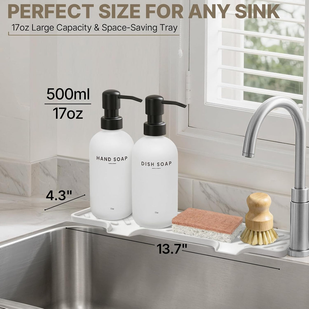 Kitchen Soap Dispenser Set with Self Draining Silicone Tray, Sponge, Brush