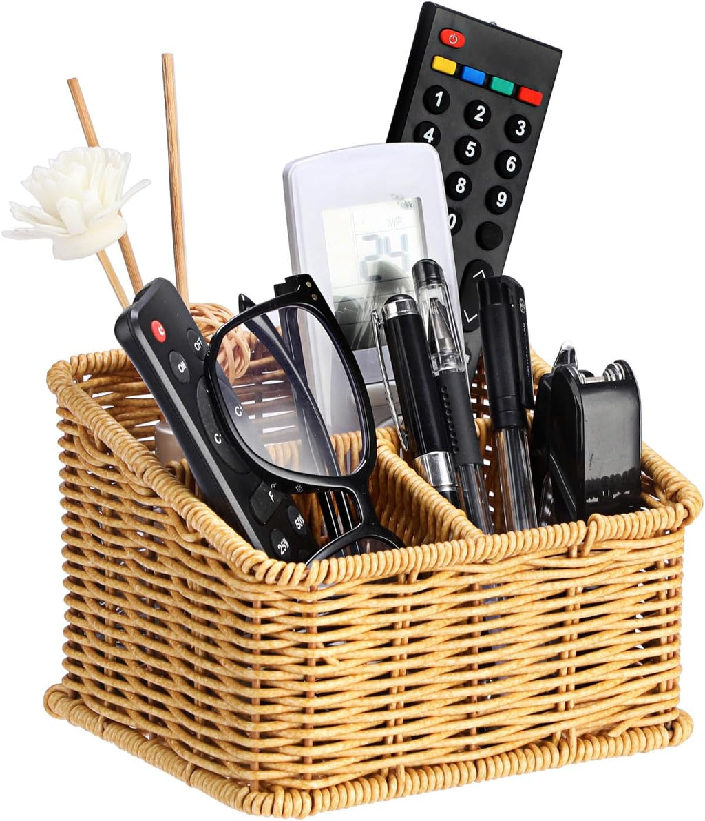 BTSKY 3 Slots Natural Woven Remote Control Holder for Desk Rattan Media TV Caddy Storage Holder Office Supply Storage Rack Desk Accessories Organizer For Living Room Bedroom Countertop, Beige