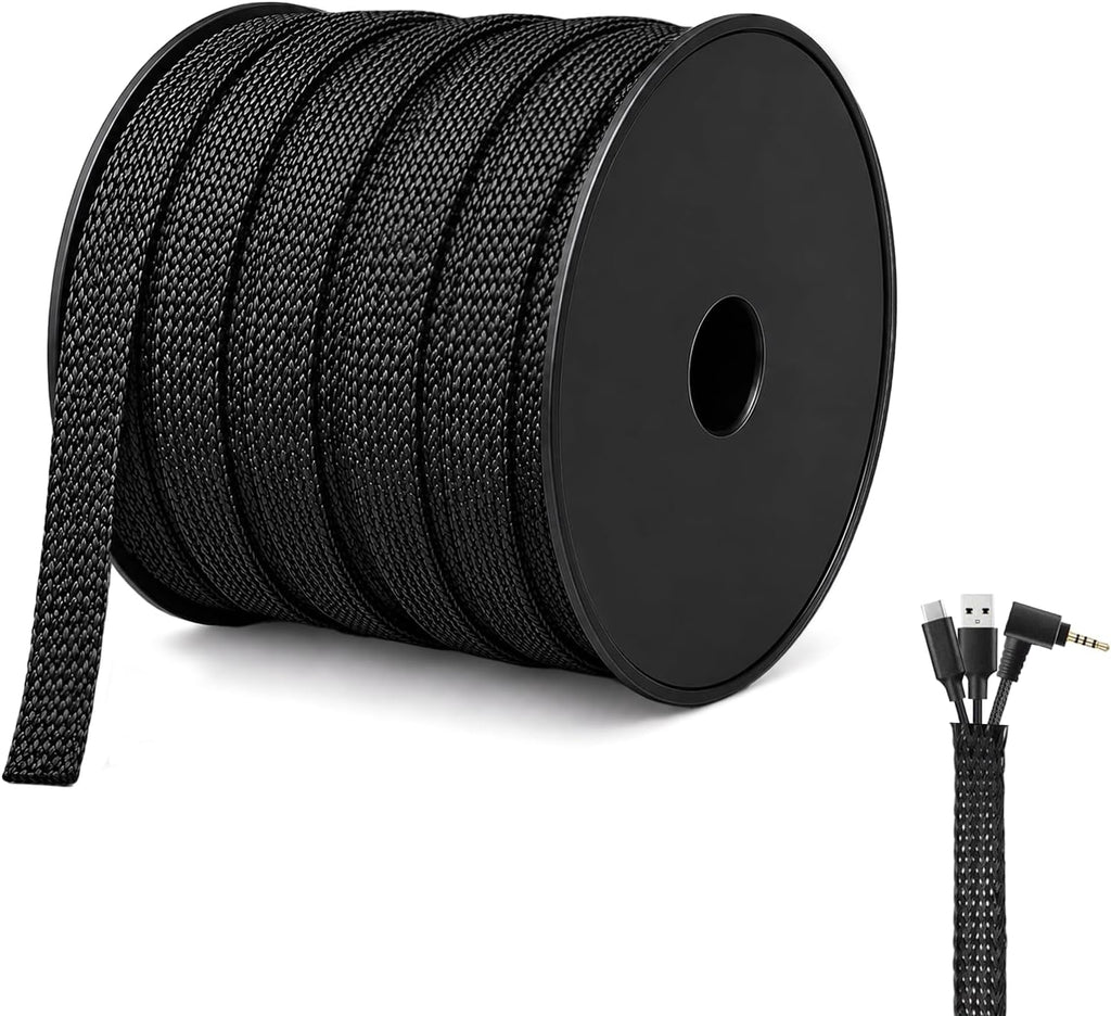 100 Feet - 3/8 Inch Braided Wire Loom PET Cable Loom Expandable Braided Sleeving Wire Sleeve for Automotive，TV, Computer, Home Theater, Black