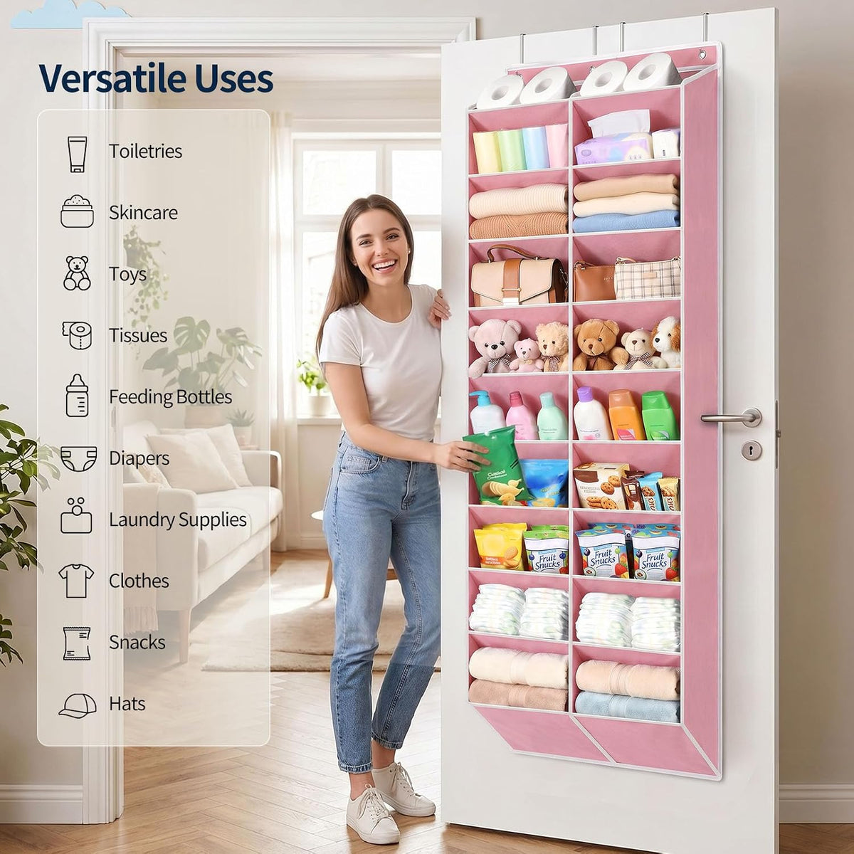 Yecaye 30 Pairs Over the Door Shoe Organizer, Large Capacity Hanging Shoe Rack for Door with Deep Pockets, Heavy Duty 10 Tier Shoe Holder for Sneakers Boots Heels College Dorm Essentials, Dusty Pink