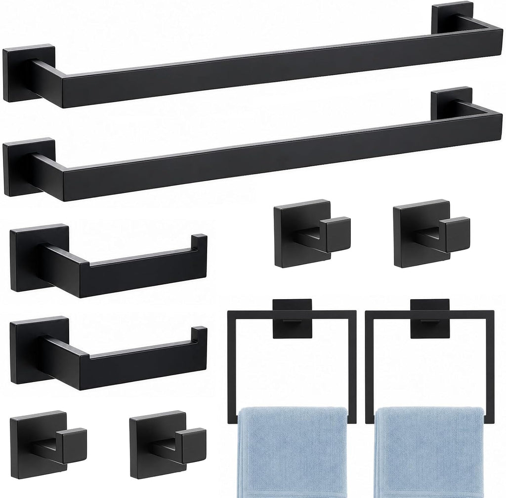VELIMAX Mattle Black Towel Bar, SUS304 Stainless Steel Bathroom Hardware Set, Towel Racks for Bathroom Wall Mounted 24-Inches