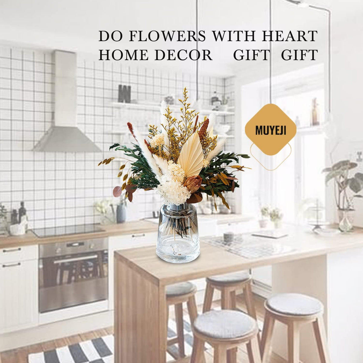 Dried Flowers for Vase, Boho Pampas Grass Hydrangea Eucalyptus Bouquet