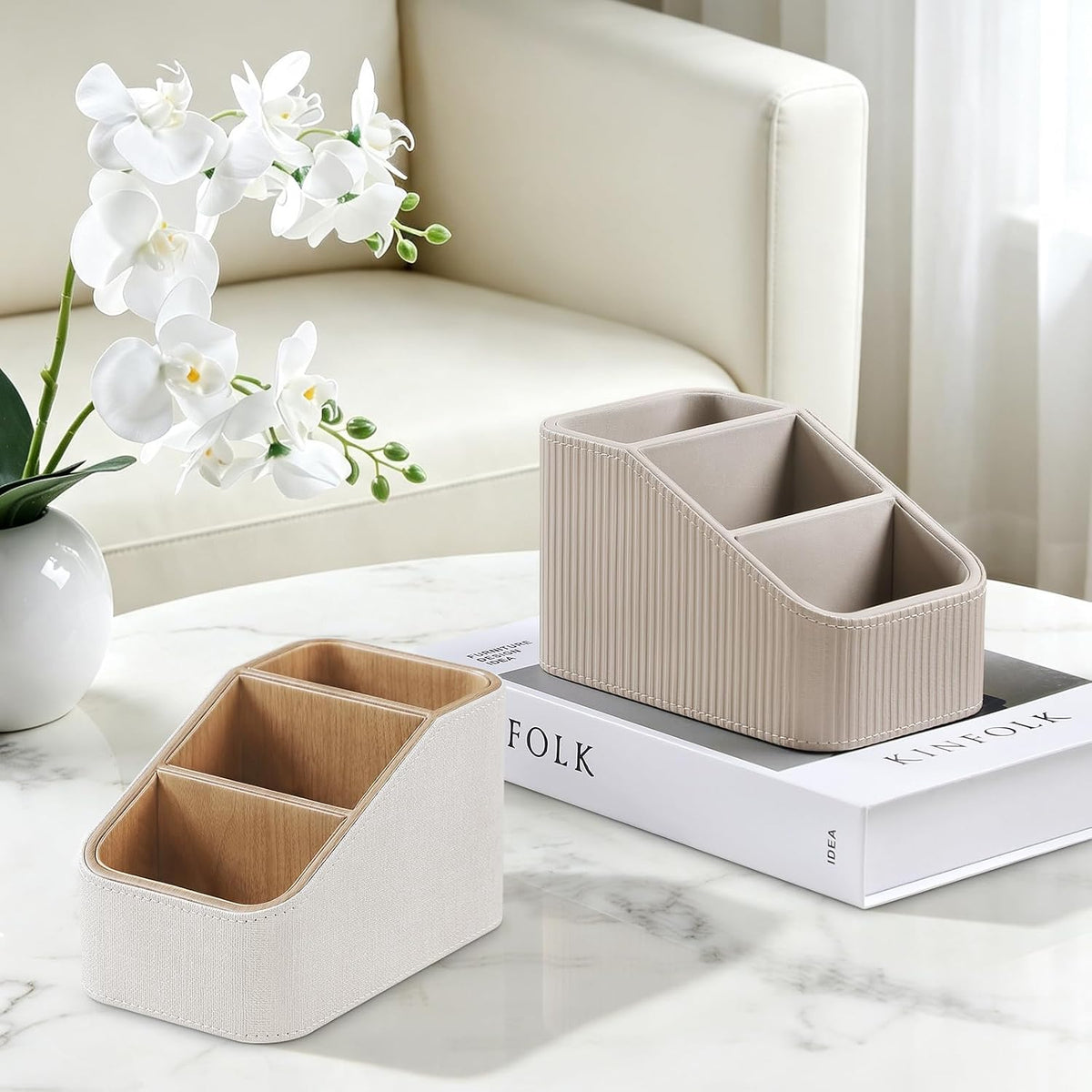 Remote Control Holder, PU Leather Nightstand Organizer (Linen)