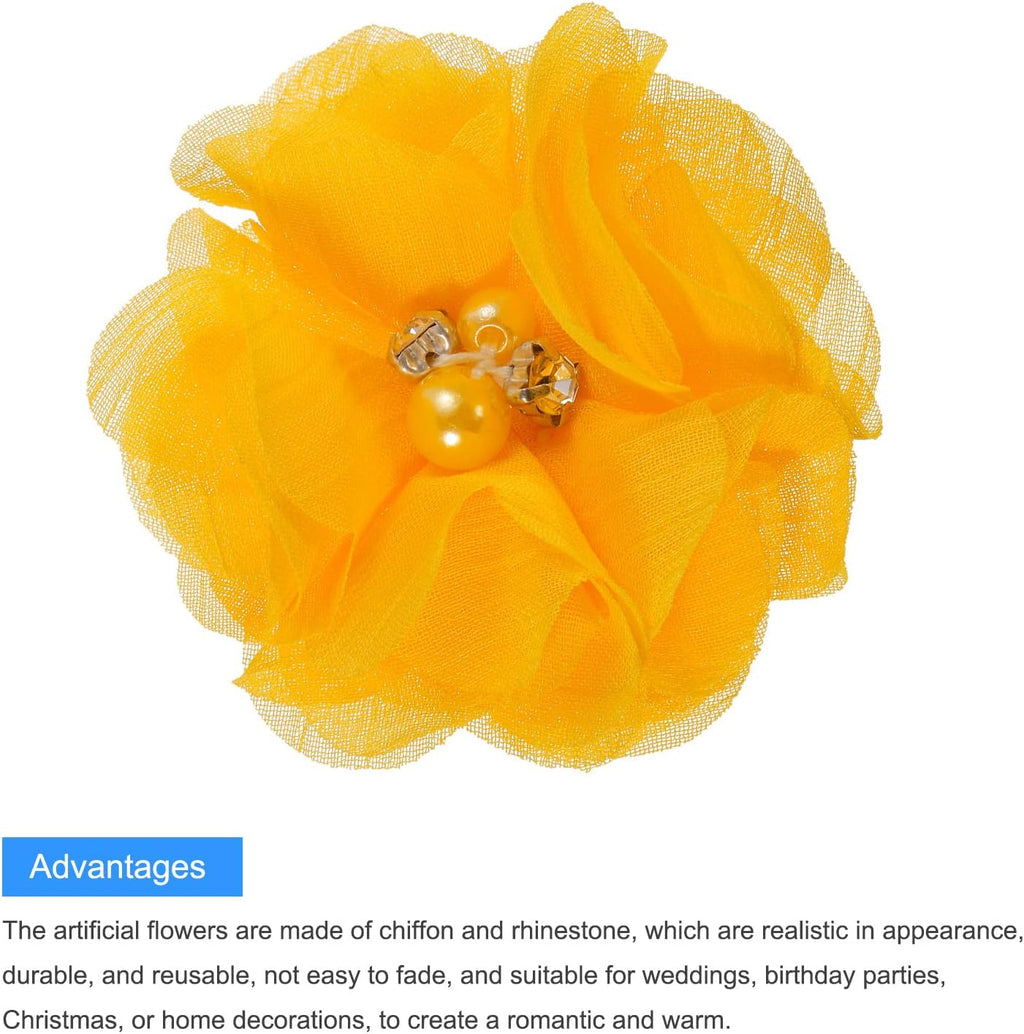 MECCANIXITY Artificial Rhinestone Chiffon Flower Heads, Gold Yellow Faux Flowers 2 Inch for DIY Craft Wedding and Party Decoration Pack of 12