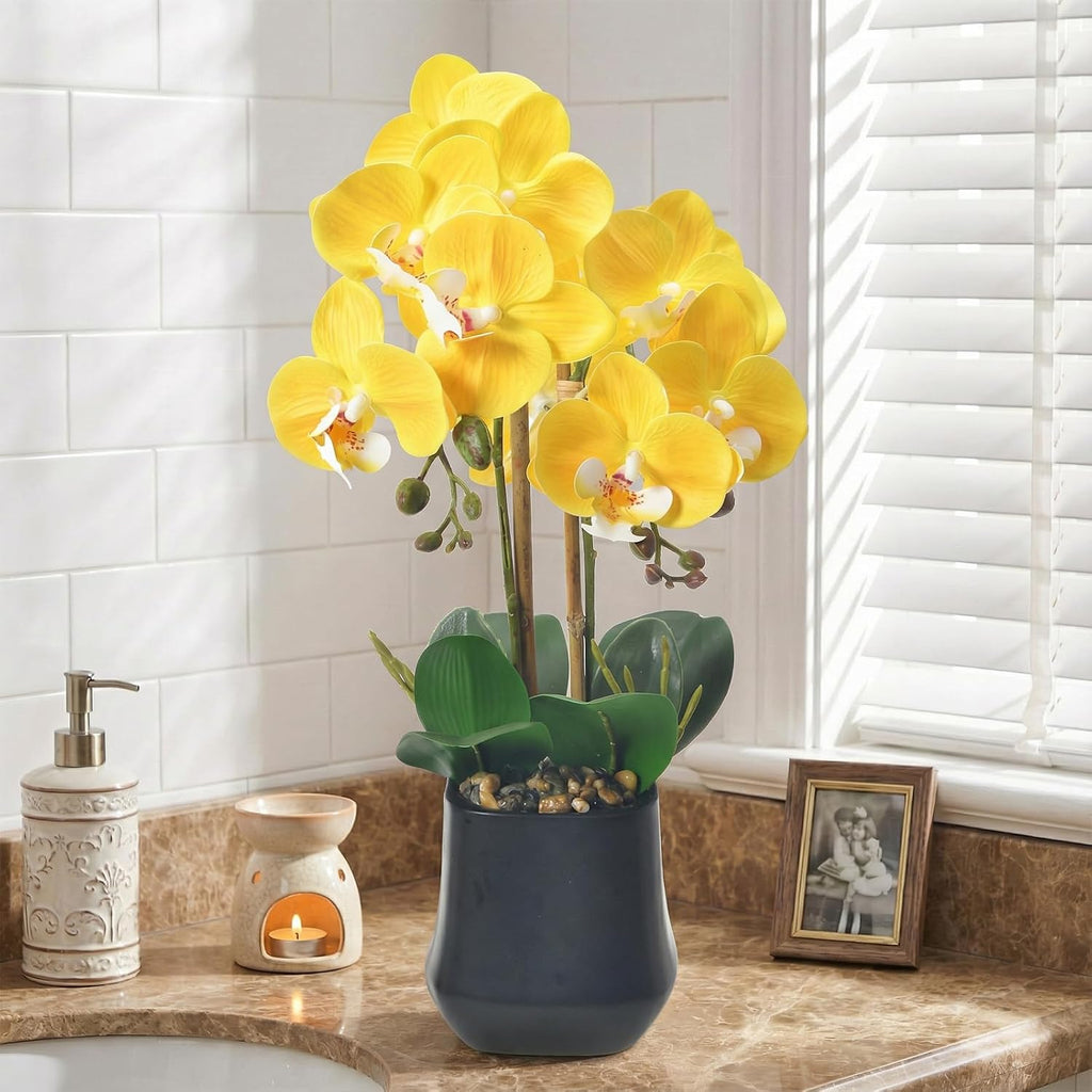 18.5" Yellow Faux Orchid Flowers Arrangement in Matte Black Pot