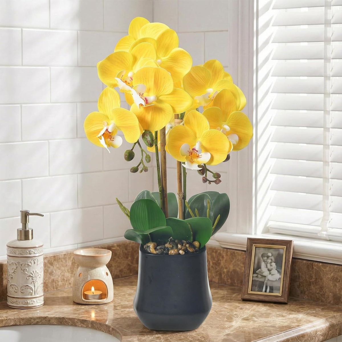18.5" Yellow Faux Orchid Flowers Arrangement in Matte Black Pot