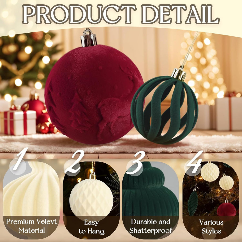 18Pcs Velvet Christmas Tree Ornaments Set, Flocked Hanging Christmas Balls Ornaments, Shatterproof Red Green White Hanging Balls Decorations Assortment for Xmas Tree Winter Holiday Home Party Decor