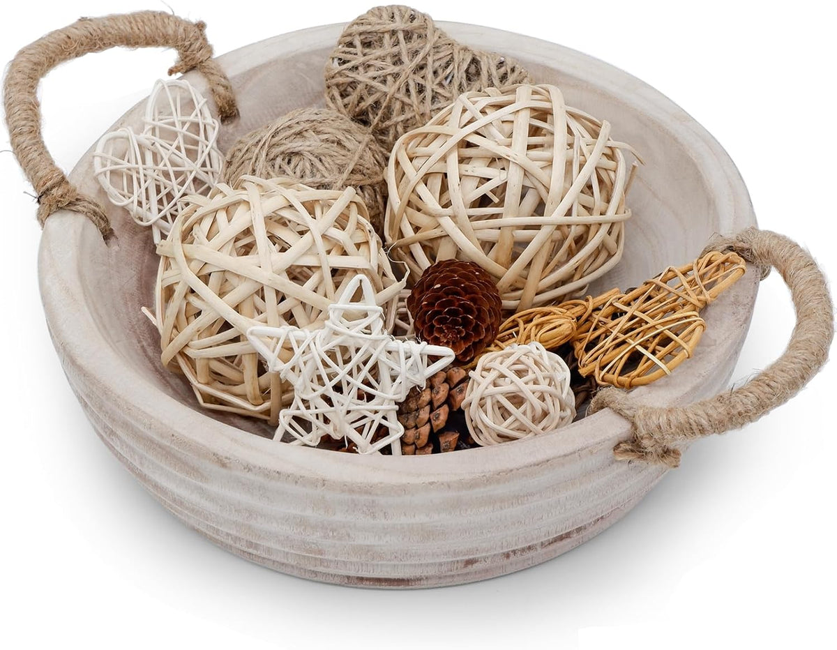 Wooden Decorative Bowls, 11.2 Inch Premium Round Serving Bowl with Rope Handles for Home Decor, Round Paulownia Wood Centerpiece Bowl for Coffee Table(Natural)