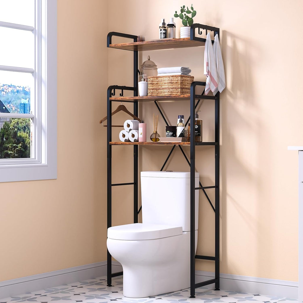 Huhote Over The Toilet Storage Rack with 3-Tier Bathroom Shelves, Space Saver Toilet Shelf, Bathroom Storage Organizer with Hooks for Over Toilet Storage and Shelf (Rustic Brown)