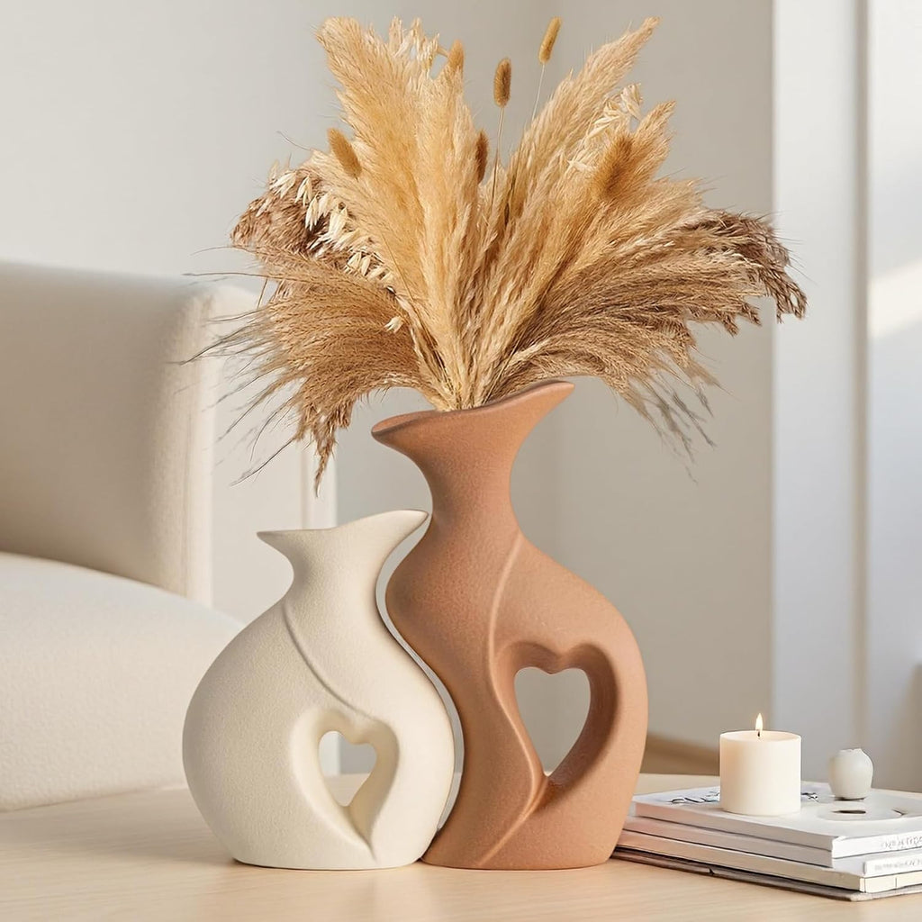Beige and Brown Ceramic Vase Set of 2，Heart Shaped Home Decor