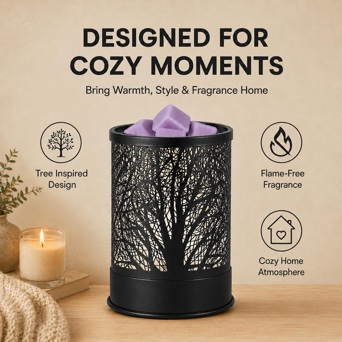 Nawaza Wax Melts Warmer Scented Metal 2-in-1 Electric LED Burner Black Tree