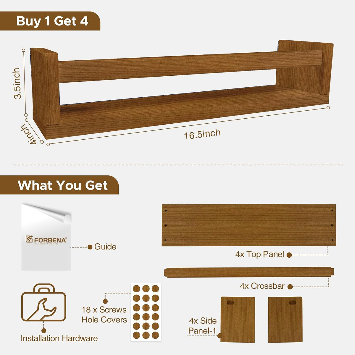 Forbena Nursery Floating Book Shelves, Walnut Brown Wall Bookshelf for Kids