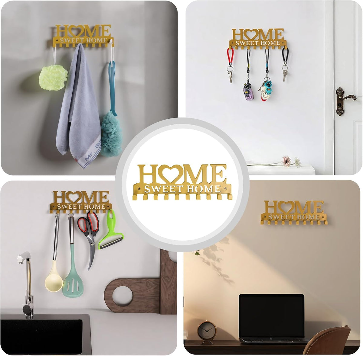 Key Holder Wall Mounted with Screws and Anchors, Gold Multifunctional Key Hanger with 10 Hooks, Entryway Front Door Kitchen Hallway Garage Office