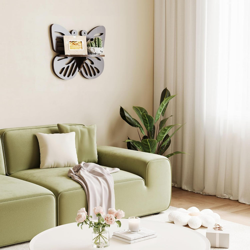 Butterfly Shaped Nursery Wall Deor, Solid Wood Floating Shelves, Small Decorative Shelf Wall Mounted, Cute Display Rack for Kid’s Room, Hanging Wall Shelf for Toys, Plants and Decorations Storage