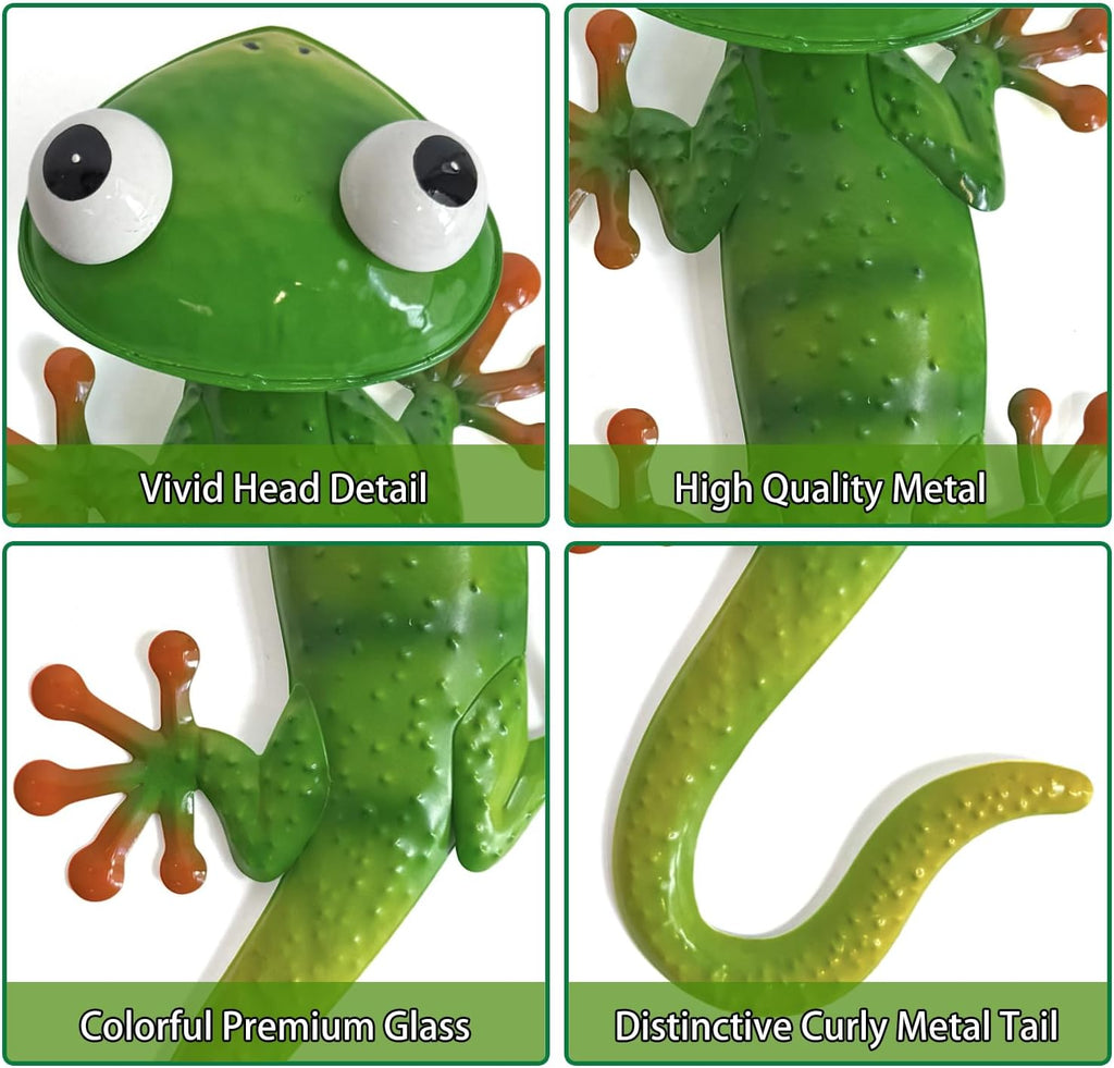 HONGLAND Gecko Metal Wall Art- 15 Inch 3D Lizard Wall Decor Outdoor Garden Sculptures & Statues with Free-Adjustable Head, 2 Pack Yard Decorations for Garden Fence Home