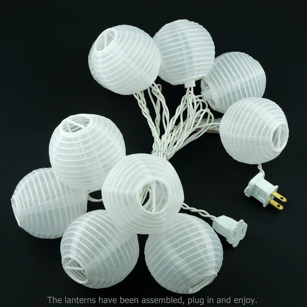 YULETIME White Lantern String Lights, 10 ct 3" Dia 7.6' White Wire Plug-in