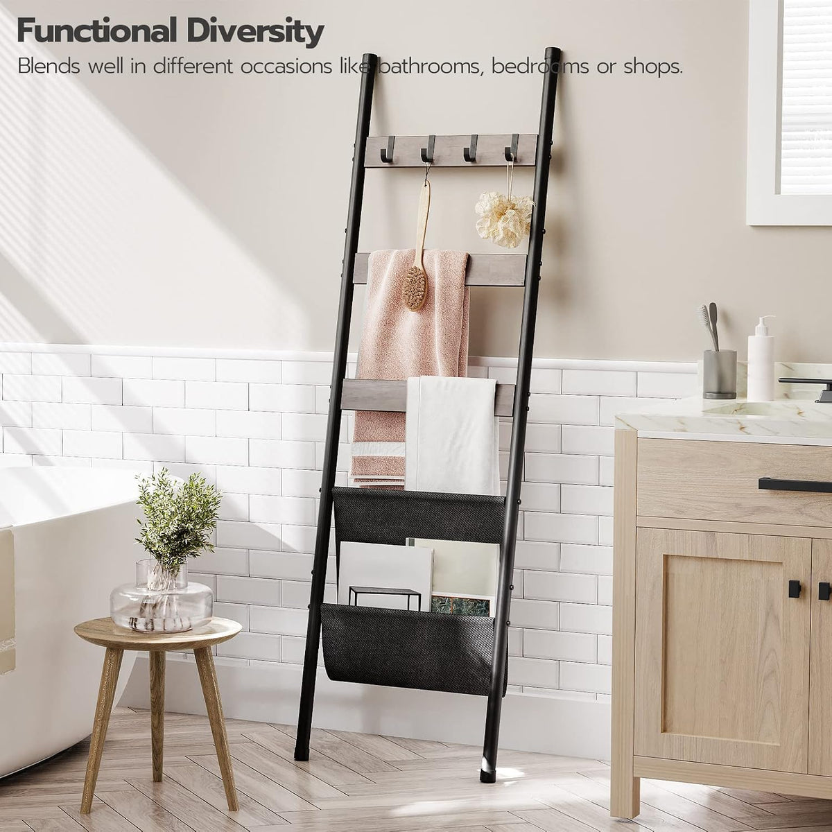 HOOBRO Blanket Ladder, 5 Tier Towel Rack, 17.3" L x 63" H, Wall-Leaning Blanket Rack for Living Room, Decorative Ladder with 4 Hooks and Magazine Pocket, Greige BG32CJ01