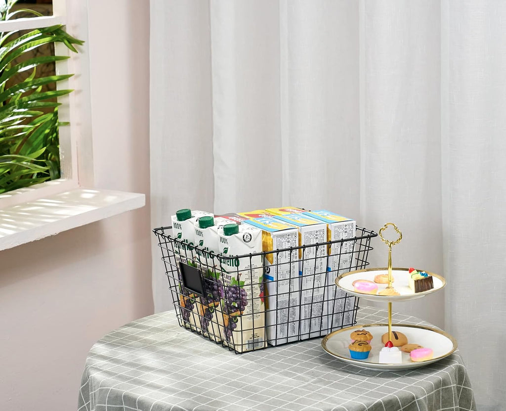 JUNCHU CHERRY 4 Pack【Large】 Wire Handmade Storage Basket for Organizing Household Goods,Pantry Organization,Bathroom countertop,Laundry,Wardrobe Storage Basket,Black