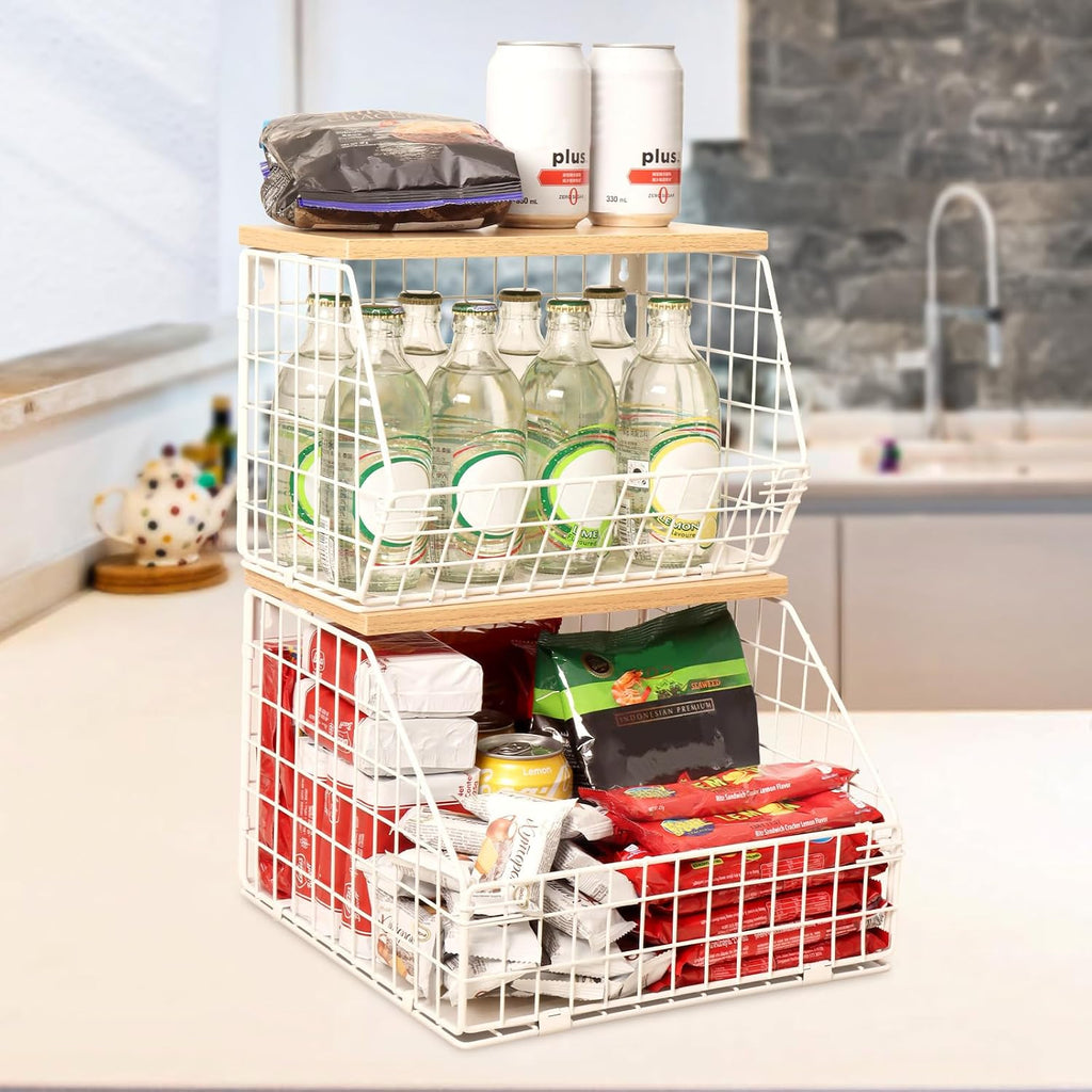 Mefirt White Fruit Bowl, 2-Tier Fruit Basket for Kitchen Counter, Stackable Wall Mounted Veggie Storage, Snack Organizer, Potato and Onion Storage Basket, Hanging Pantry Organizer with Wood Lid, 2 Set