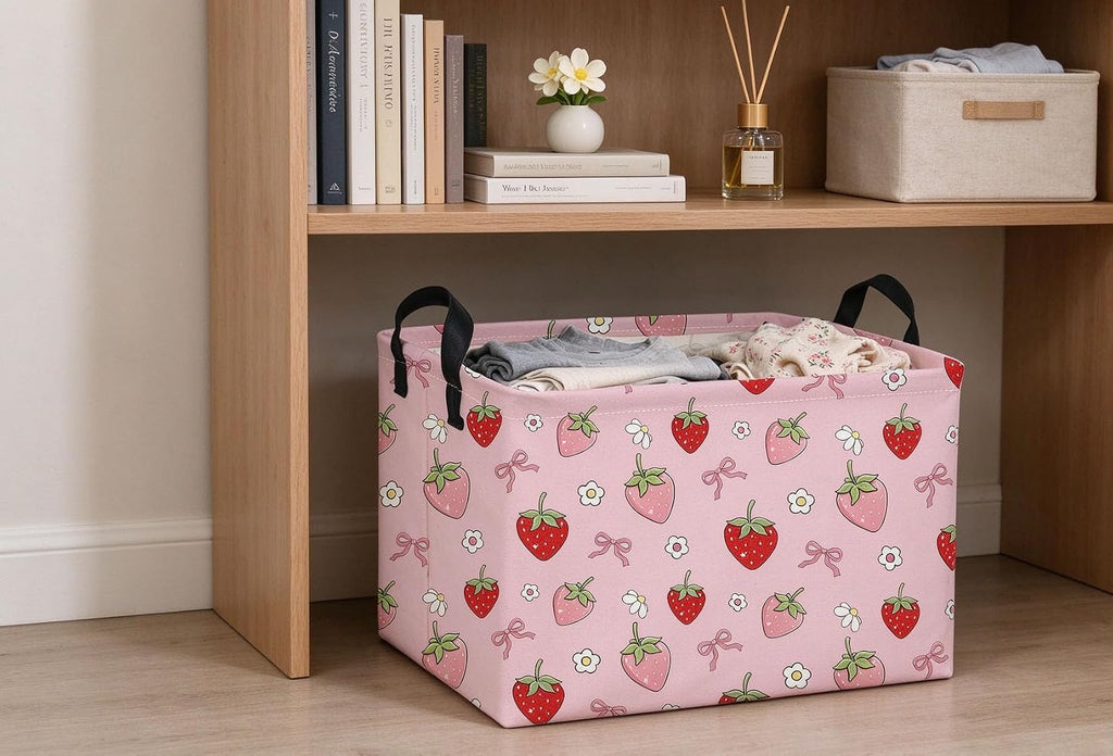 Rectangle Strawberry Baskets Pink Basket Cute Storage Bin for Room Decor Gift Basket(Bow strawberry)