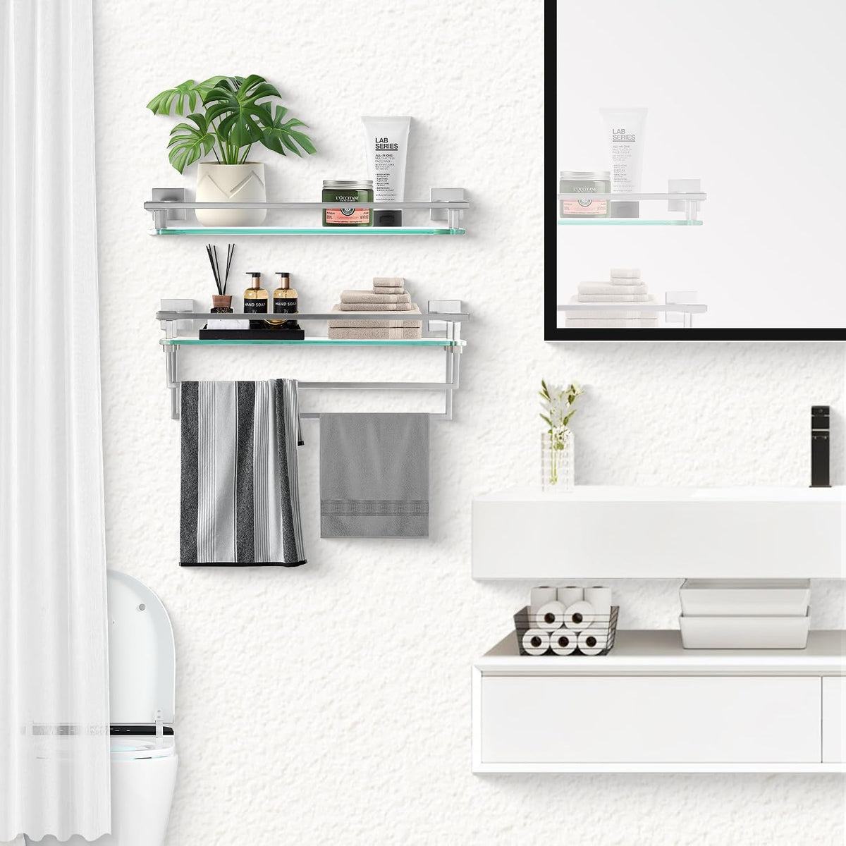 LANC Bathroom Shelves Glass Shelf 20-Inch Brushed Nickel Floating Tempered Glass Shelf Rectangular Modern Stainless Steel Wall Mount Shelves for Shower Bathroom Kitchen Organizers Accessories，A7613BN
