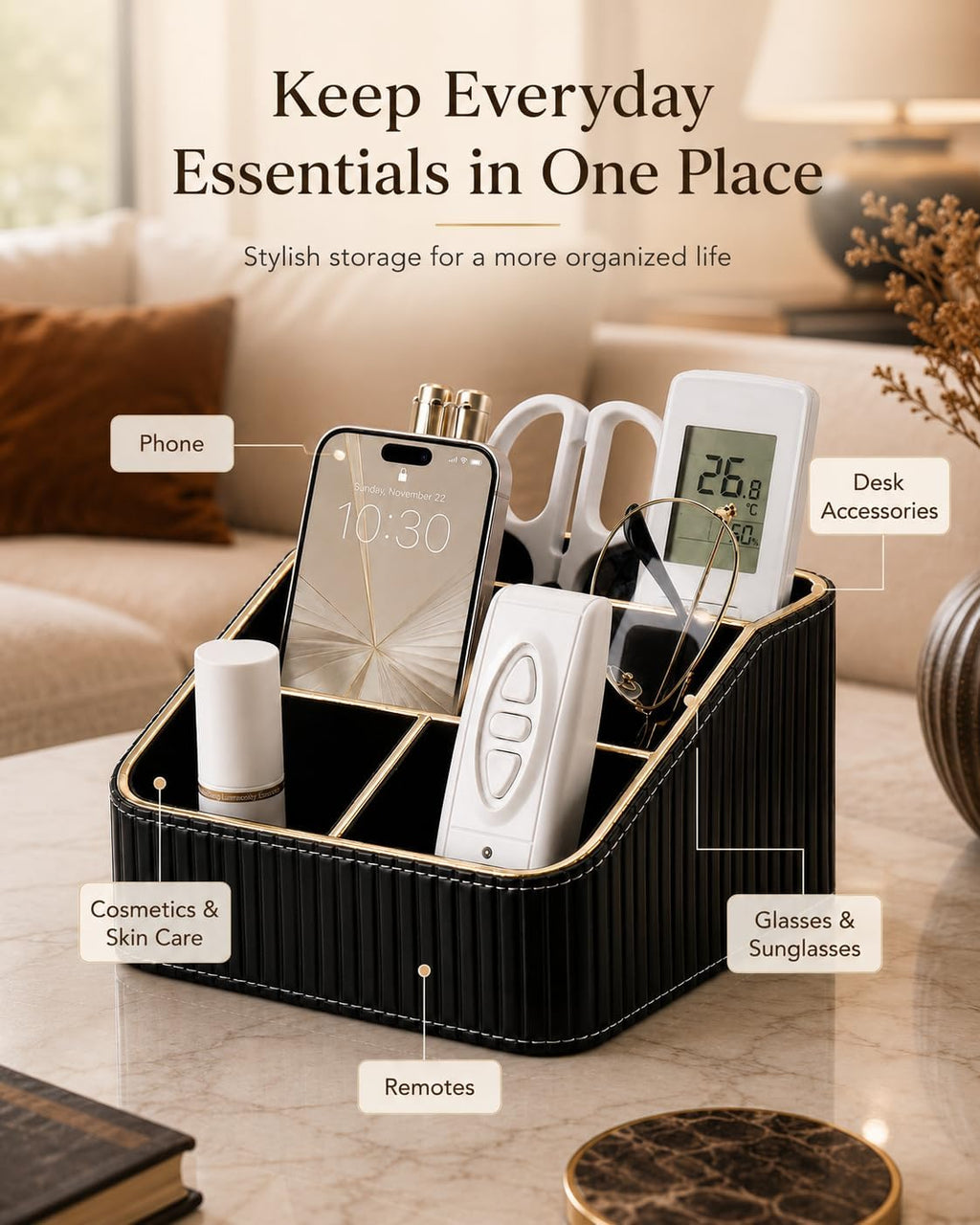 KINGFOM PU Leather Remote Control Holder, 4 Compartment Nightstand Organizer with Gold Trim, Small Desk Organizer for Office Supplies, Phone, Glasses, Pens, Bedside Table, Living Room Decor Black