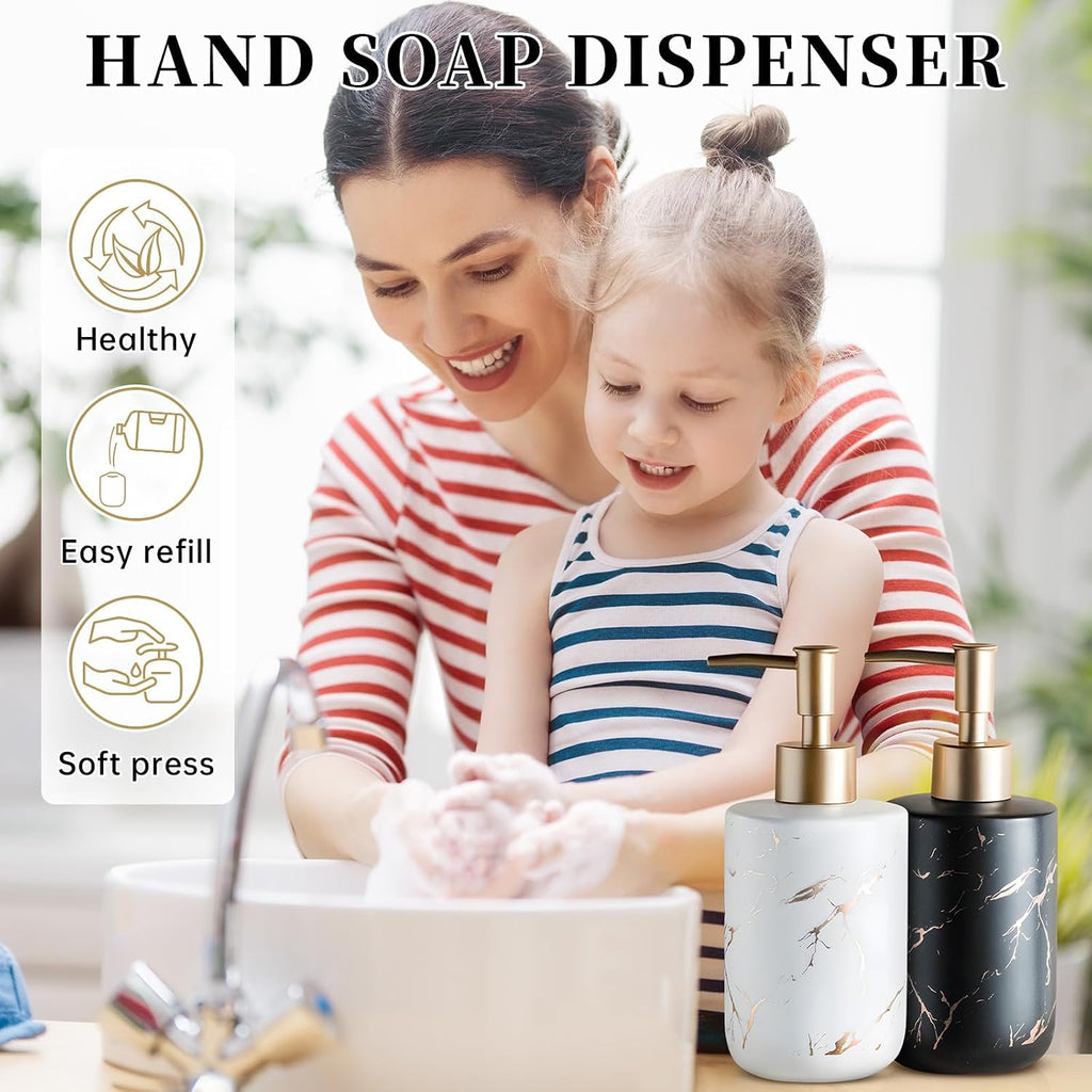 Gold Soap Dispenser, Dish Soap Dispenser for Kitchen Liquid Soap Pump Dispenser for Shower, Ceramics Refillable Hand Soap Lotion Dispenser, Shampoo Lotions Bottle for Bathroom, 10.5 OZ (White).