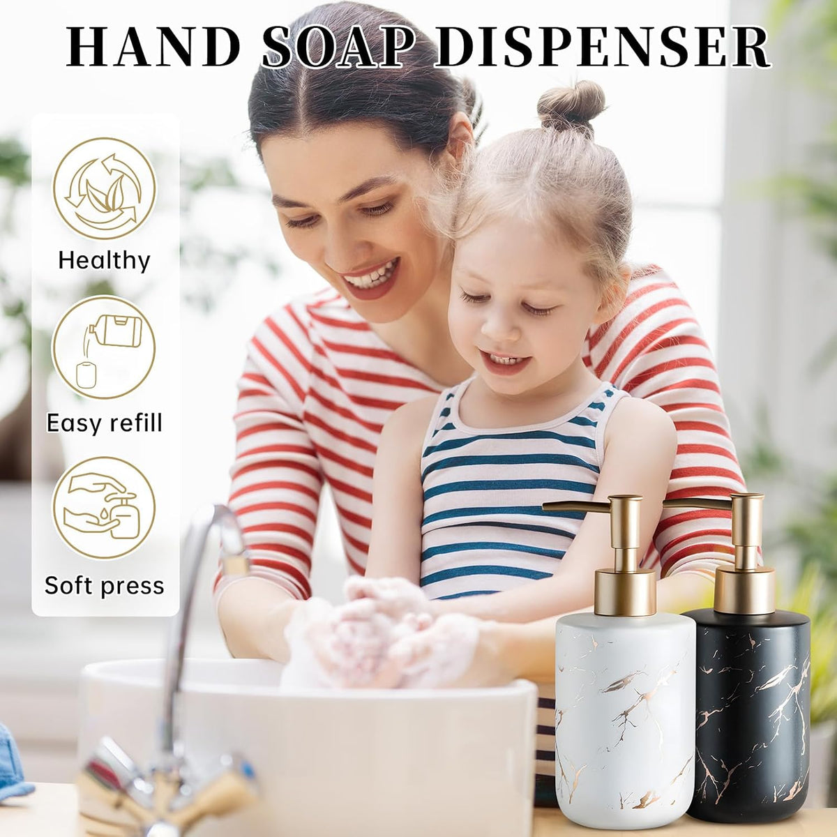 Gold Soap Dispenser, Dish Soap Dispenser for Kitchen Liquid Soap Pump Dispenser for Shower, Ceramics Refillable Hand Soap Lotion Dispenser, Shampoo Lotions Bottle for Bathroom, 10.5 OZ (White).