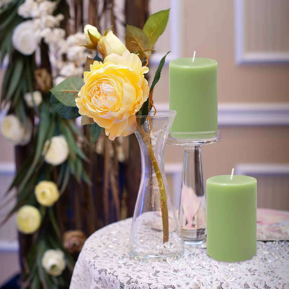 6 Pack 2x3 inch Pillar Candles, Sage Green Unscented Votive Candle for Celebration Home Decoration, Dripless and Long Burning Time
