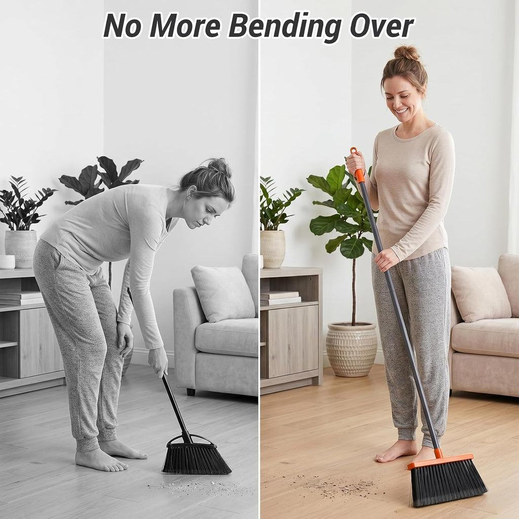 Broom with Dustpan Set for Pet Hair & Dust Cleanup, Orange & Gray