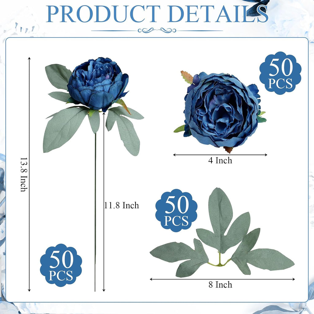 50Pcs Peonies Artificial Flowers Bulk, 4’’ Navy Blue