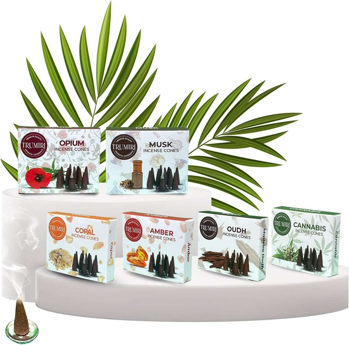 TRUMIRI Exotic Incense Cones - Variety Pack - Total 60 Cone Incense (6 Scents x 10 Conos) - Copal, Oud, Musk, Amber - Cone Incense Scents - Insense Cones - Incent Cone
