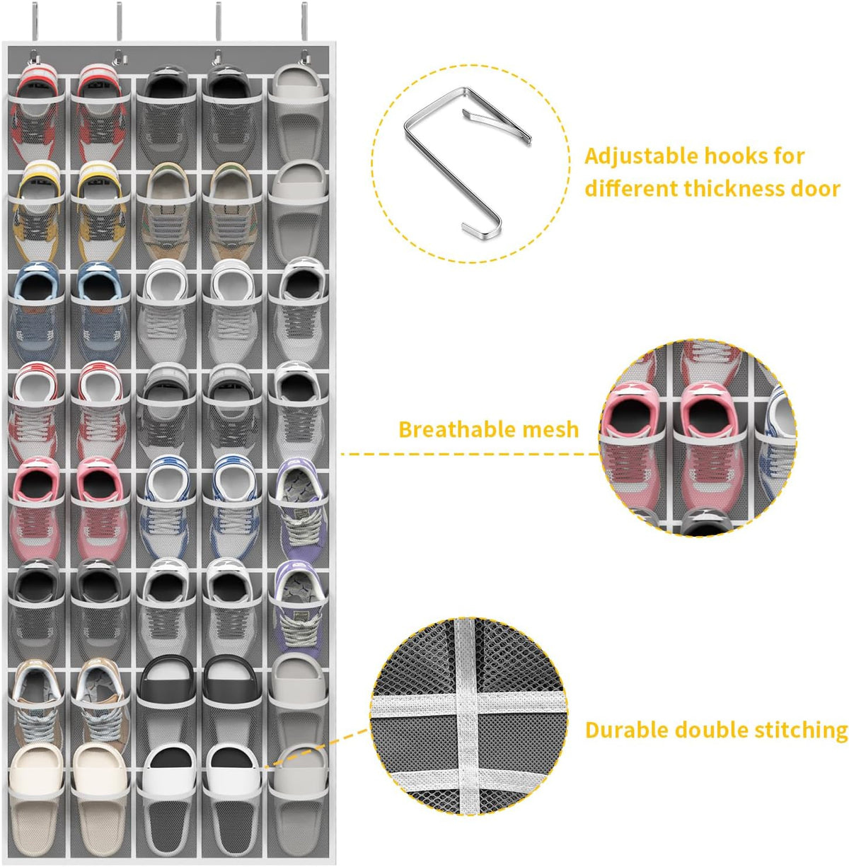 SAVERHO 40 Large Pockets Over the Door Shoe Organizer,Space-Saving Mesh Hanging Shoe Rack for Door Shoe Holder Large Size 76.4" x 27.5" Ideal for Closet & Door Storage (Grey)
