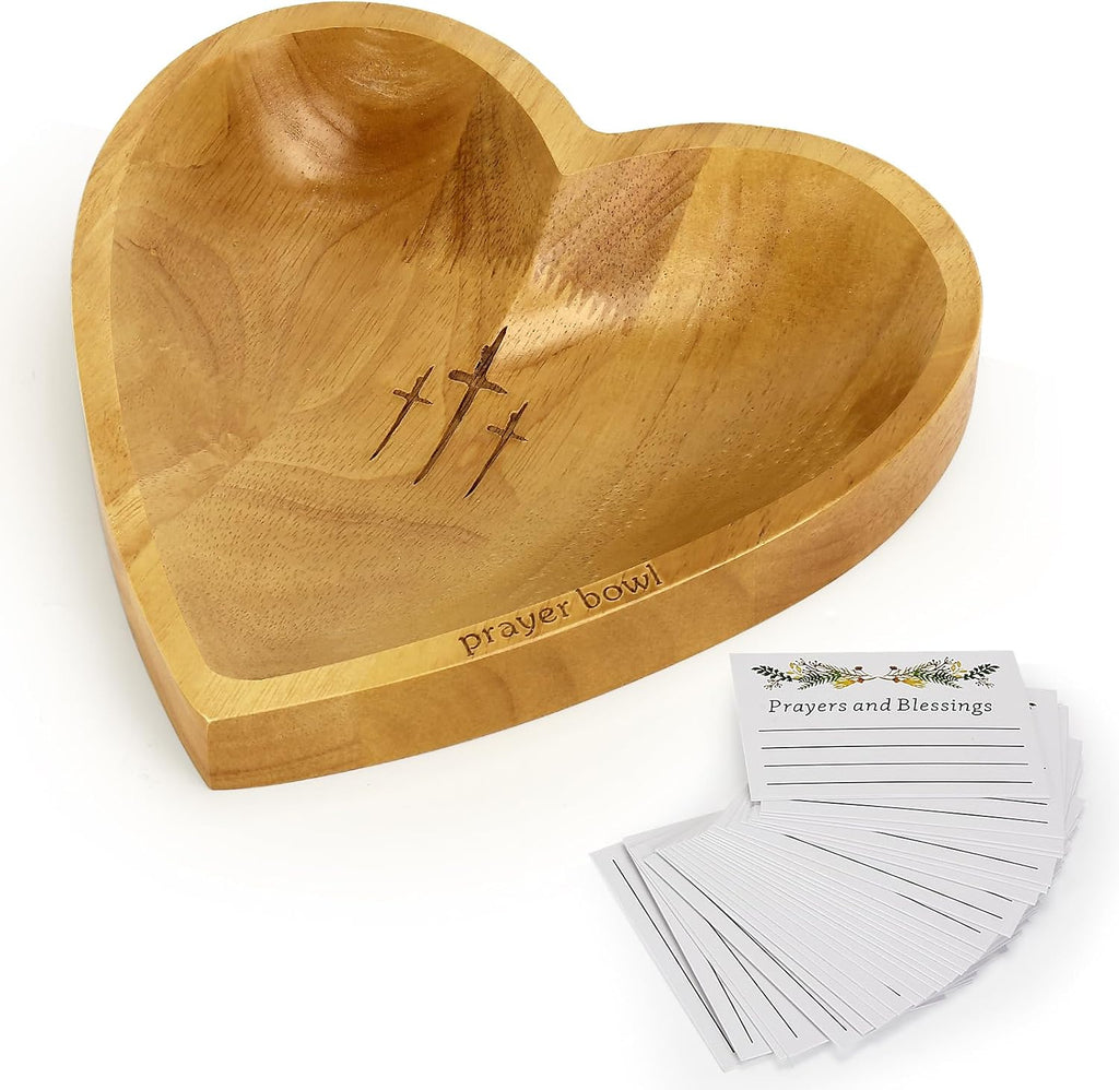 Prayer Bowl with 24 Blessing Cards Wooden Prayer Bowl Rustic Heart Shaped Decor Dough Bowls Christian Gifts for Mom Dad (Light)