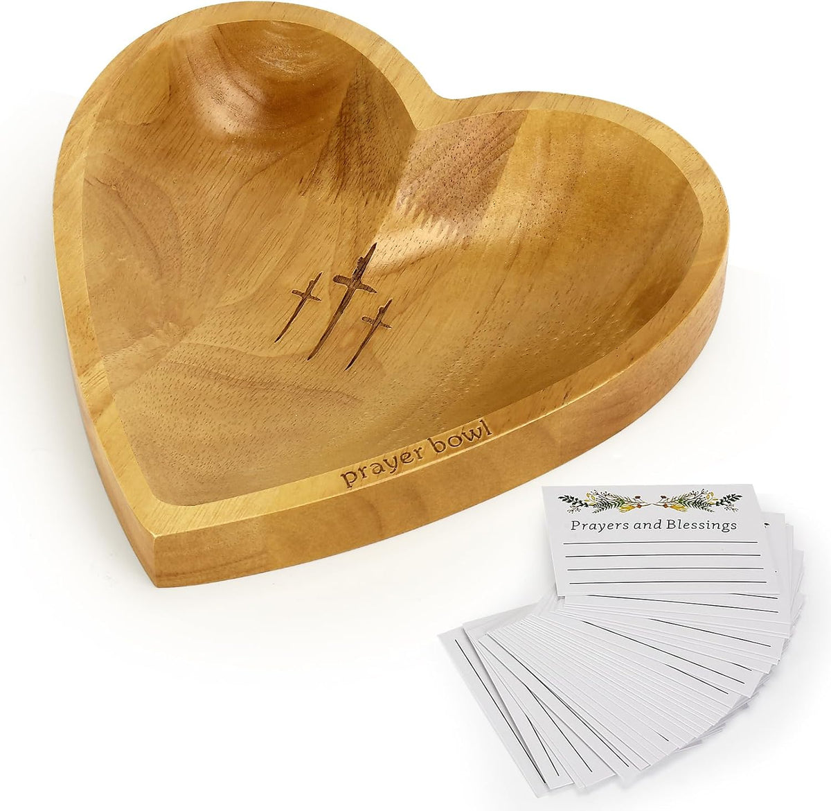 Prayer Bowl with 24 Blessing Cards Wooden Prayer Bowl Rustic Heart Shaped Decor Dough Bowls Christian Gifts for Mom Dad (Light)