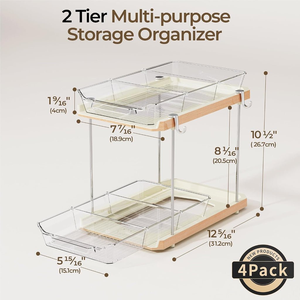 Delamu 2 Tier Under Sink Organizer Bathroom, Bathroom Cabinet Organizer with Snap-Lock Design and Hooks, Pull Out Storage with Movable Dividers, for Countertop, Kitchen and Pantry (White, 4 Pack)