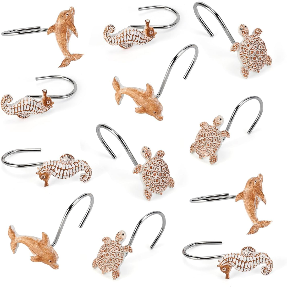 Seashell Shower Curtain Hooks, 12Pcs Decorative Anti-Rust Shower Hooks, Coastal Style Curtain Hooks for Bathroom Nursery Bedroom Living Room Decoration (Turtle Starfish Dolphin)