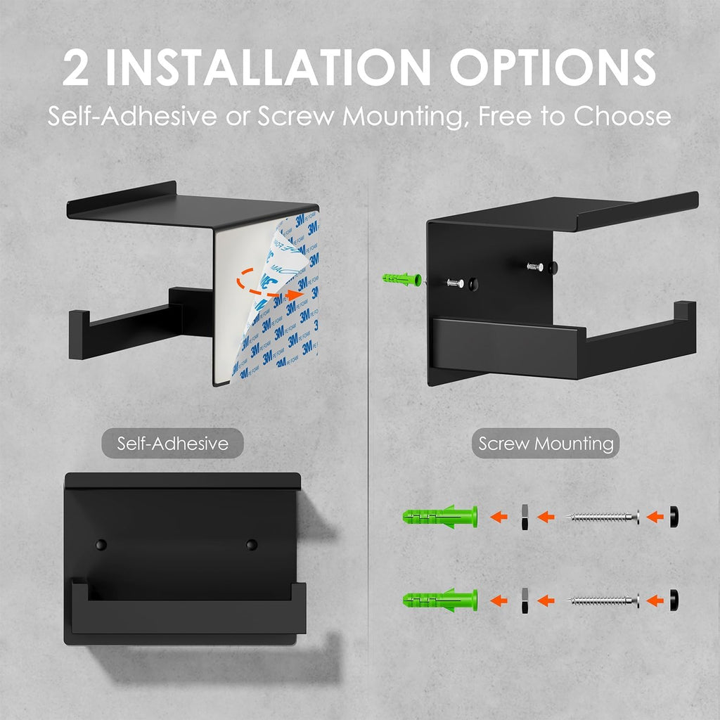 Auxmir Toilet Paper Holder with Shelf, Self Adhesive or Screw Mount, Black