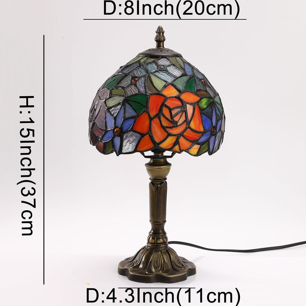 Rose Tiffany Small Table Lamp 3 Way Color Temperatures Stained Glass Bedside Nightstand Table Lamps for Living Room,Bedroom, Home Office Reading Desk Lamp+LED Bulb,8X8X15 Inch