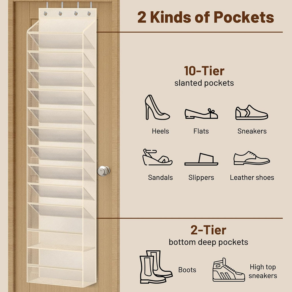 MISSLO 12 Tier Over the Door Shoe Organizer Breathable Mesh Hanging Shoe Rack for Closet Storage Shoe Holder for Door Fit 24 Pairs Sandals, Heels, Boots (Beige)