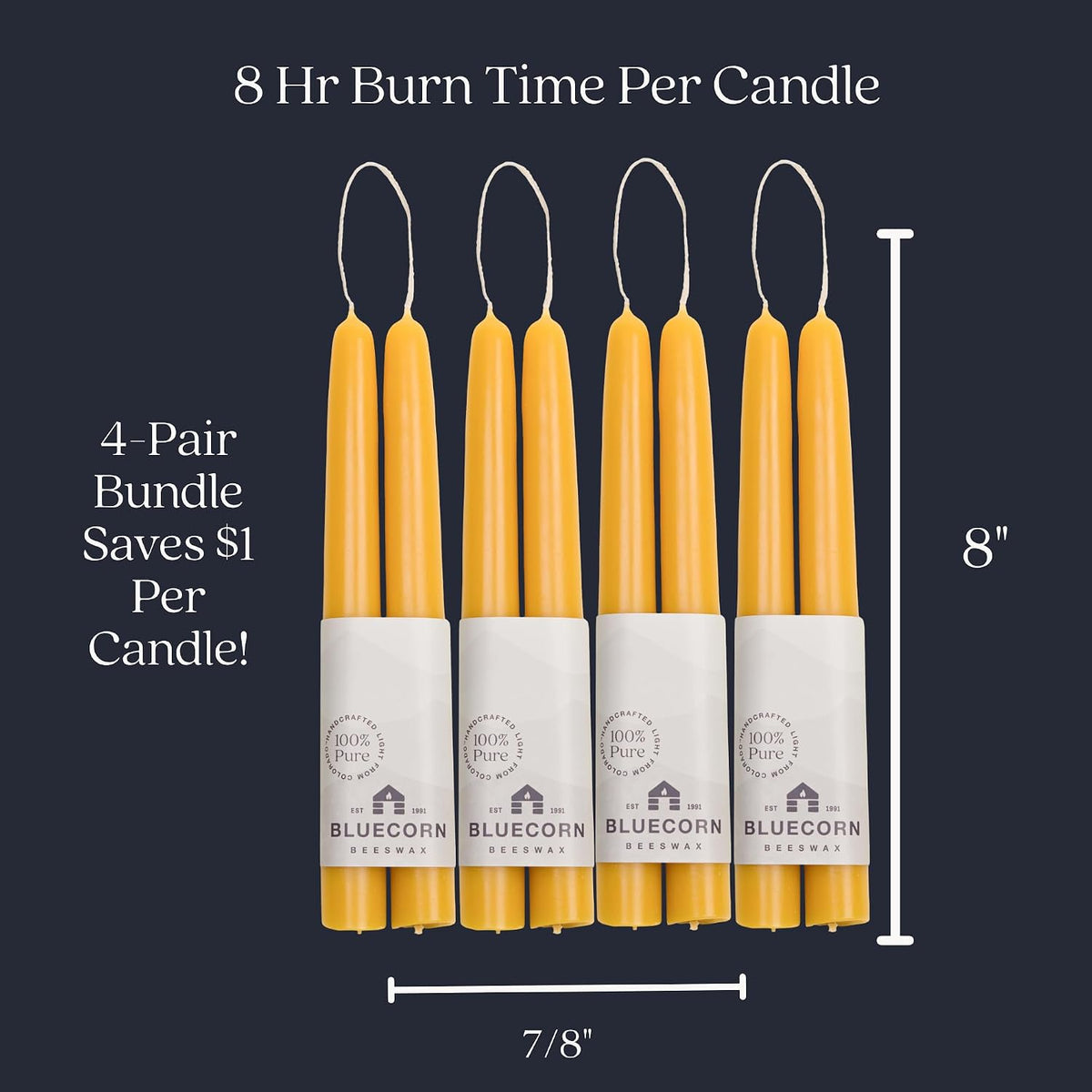 Taper Candles, 8 Inch, Raw Yellow, 8 Pack