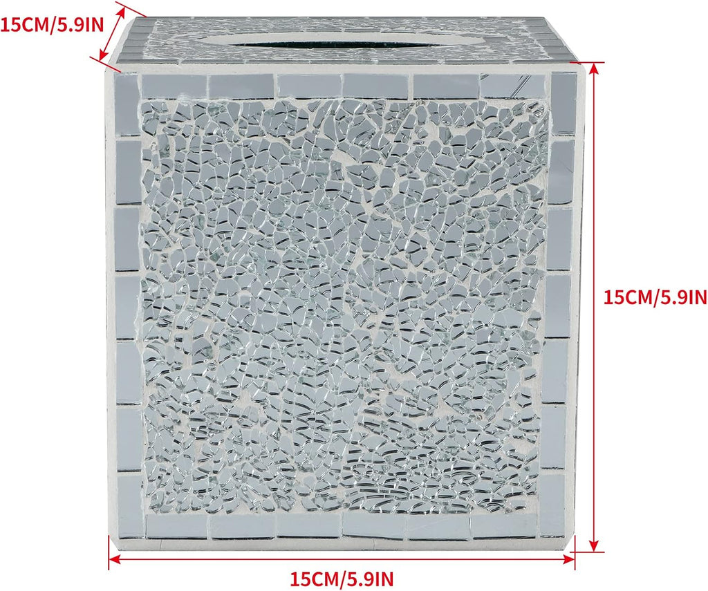 MDLUU Mosaic Glass Tissue Box Holder, Decorative Tissue Box Cover, Square Tissue Dispenser for Bathroom, Bedroom, Living Room (Silver)
