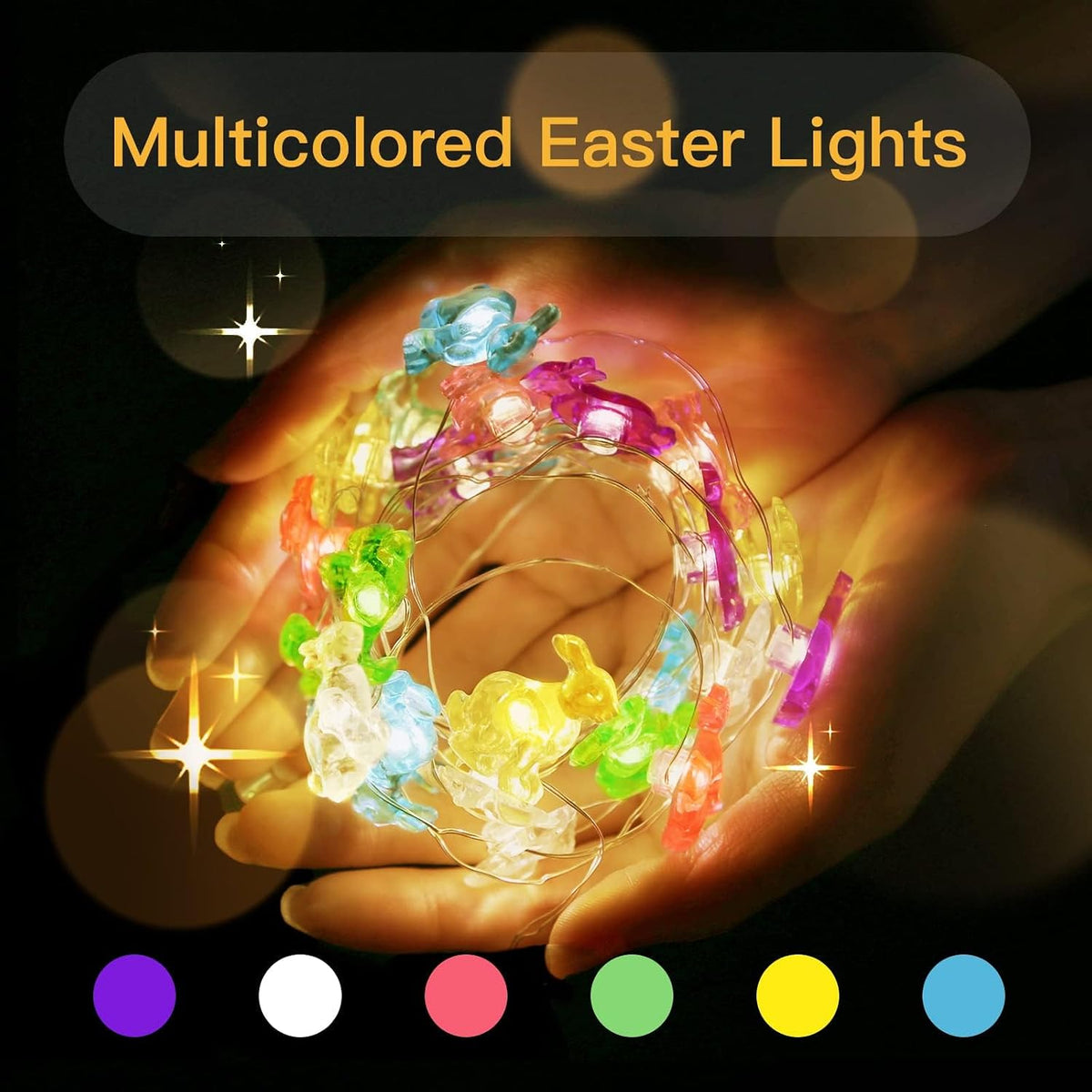 suddus Easter Bunny Battery Operated String Lights, 12.8ft 40LED Waterproof Colorful Easter Fairy Lights with Timer, Easter Lights String Led for Indoor, Tree, Mantle, Table, Outdoor, Spring Decor