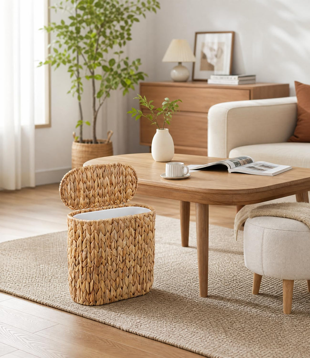 3 Gallon Wicker Trash Can with Lid, Natural Water Hyacinth Waste Basket