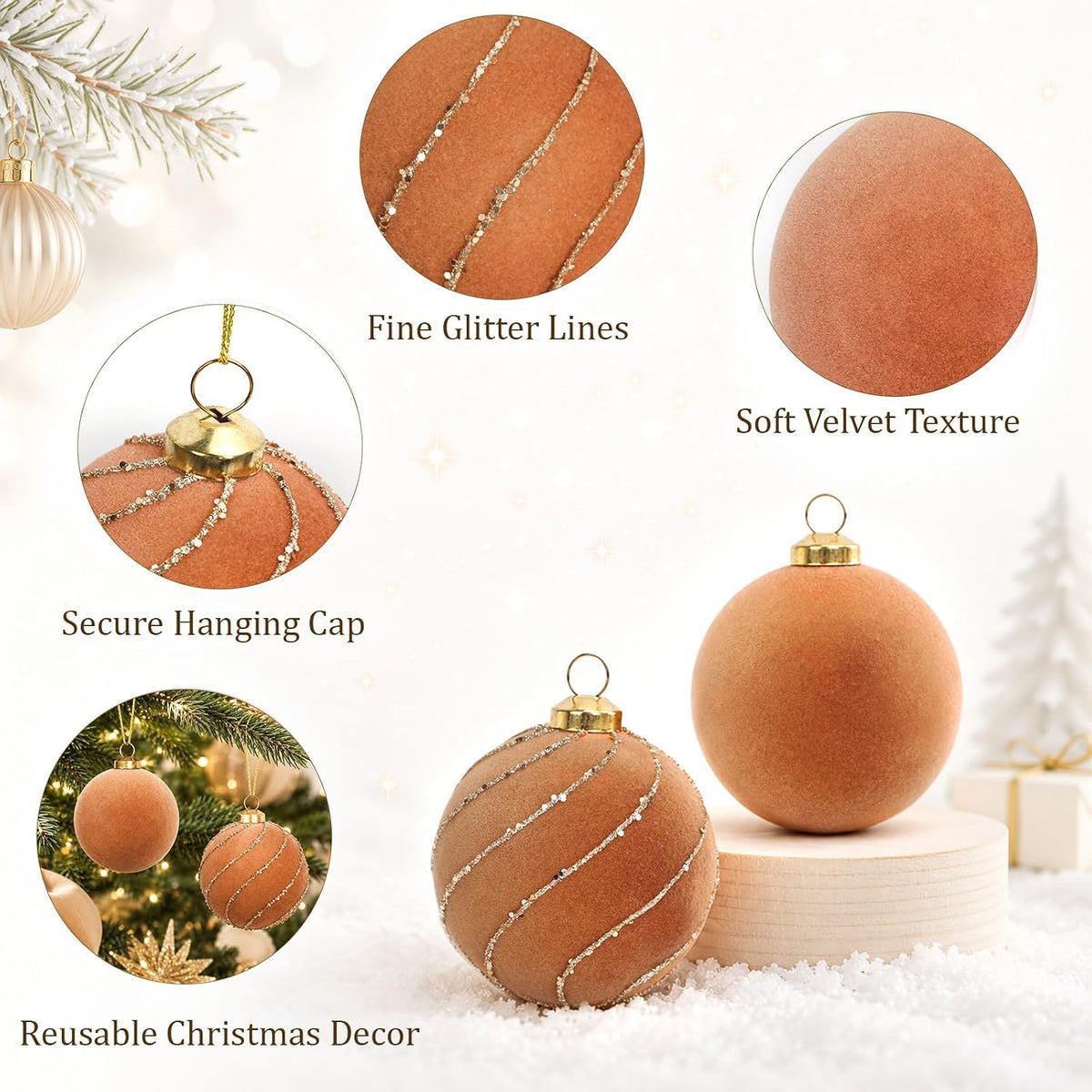 16 Pcs Brown Velvet Christmas Ball Ornaments, Flocked Tree Decorations
