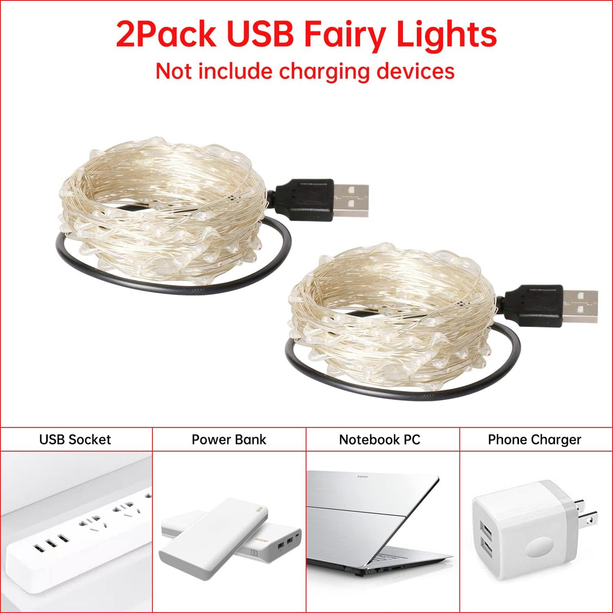 Blingstar USB Powered Fairy Lights, 2 Pack 33Ft 100 LED, Flexible Silver Wire, Mini String Lights for Halloween/Christmas Tree/Party/Stage/Holiday Indoor Decoration, Red